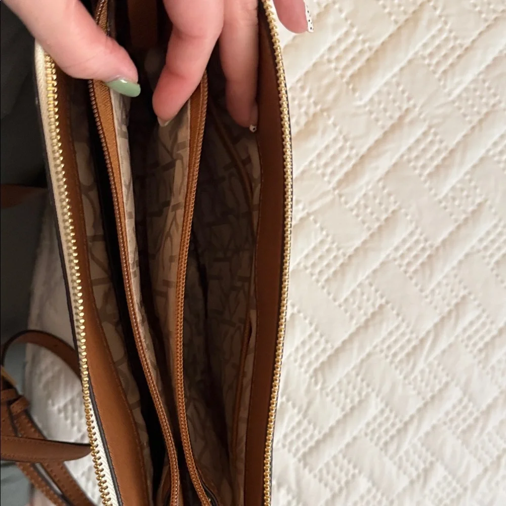 Calvin Klein Cream Monogram Chain Crossbody with Brown Strap
